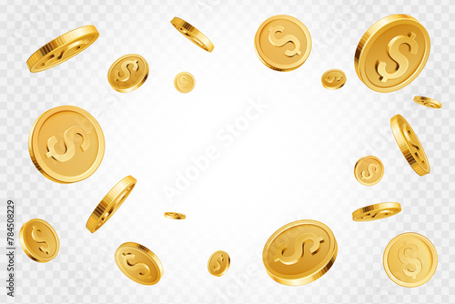 Realistic gold coins. Golden coins explosion backdrop, casino jackpot cash money concept, shiny 3D gold treasure vector background illustration. Precious prize in casino, having luck. Shiny money rain