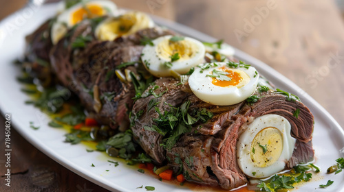 Argentinian classic: sliced matambre roll topped with eggs and fresh herbs © Michael