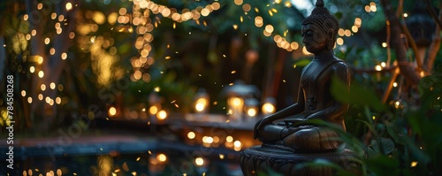 Nighttime Songkran celebration at home with a Buddha statue lit by fireflies and fairy lights photo