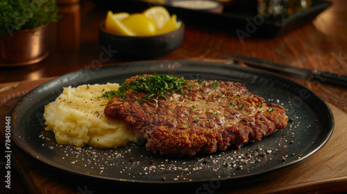 Argentinian milanesa steak served with creamy mashed potatoes on a rustic table © Michael