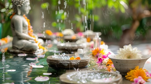 Peaceful Buddha bathing ceremony flower garlands