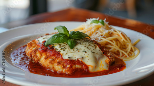 Traditional argentinian milanesa with cheese on top, served with spaghetti and tomato sauce