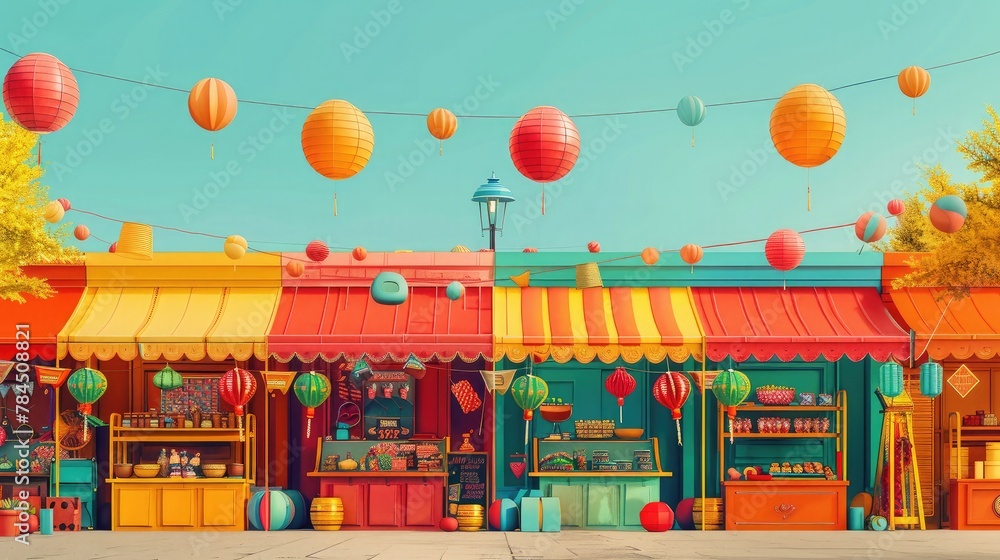 banner background National Bengali New Year (Poila Baisakh) Day theme, and wide copy space, A whimsical image of a Bengali New Year fair, with colorful stalls selling traditional crafts and treats,