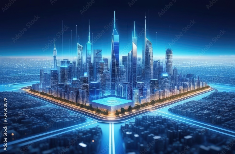 The concept of a smart city and a modern communication network. 5G. Blue Background,3D Rendering,Modern City with Wireless Connectivity