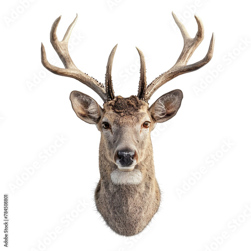 Extreme front view of realistic deer head which is mounted on a wall isolated on a white transparent background