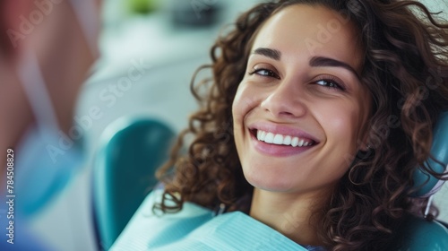 Smiling woman getting her teeth checked during dental appointment at dentist's office