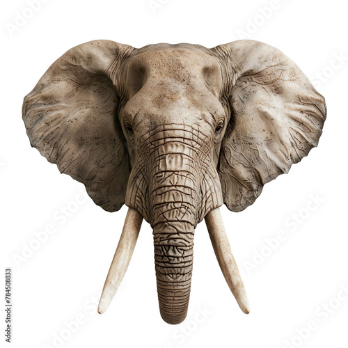 Extreme front view of realistic elephant head which is mounted on a wall isolated on a white transparent background