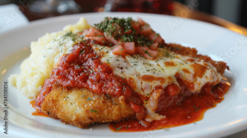 Wallpaper Mural Close-up of a delicious milanesa covered in tomato sauce and melted cheese, served alongside creamy mashed potatoes Torontodigital.ca