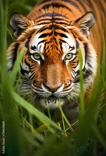 Intense Close-Up Portrait of a Tiger Hiding in Tall Grass  Staring with Piercing Eyes