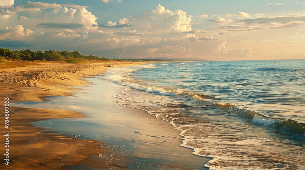 Golden sands stretch along a picturesque shoreline, creating a breathtaking beach paradise.