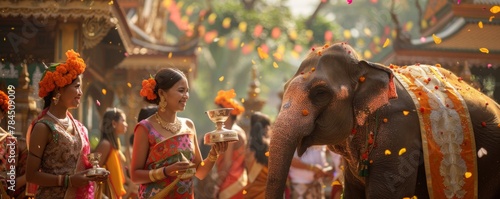 Playful Thai elephant and women in traditional festive wear holding ceremonial silverware photo