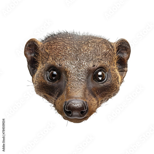 Extreme front view of realistic mongoose head which is mounted on a wall isolated on a white transparent background