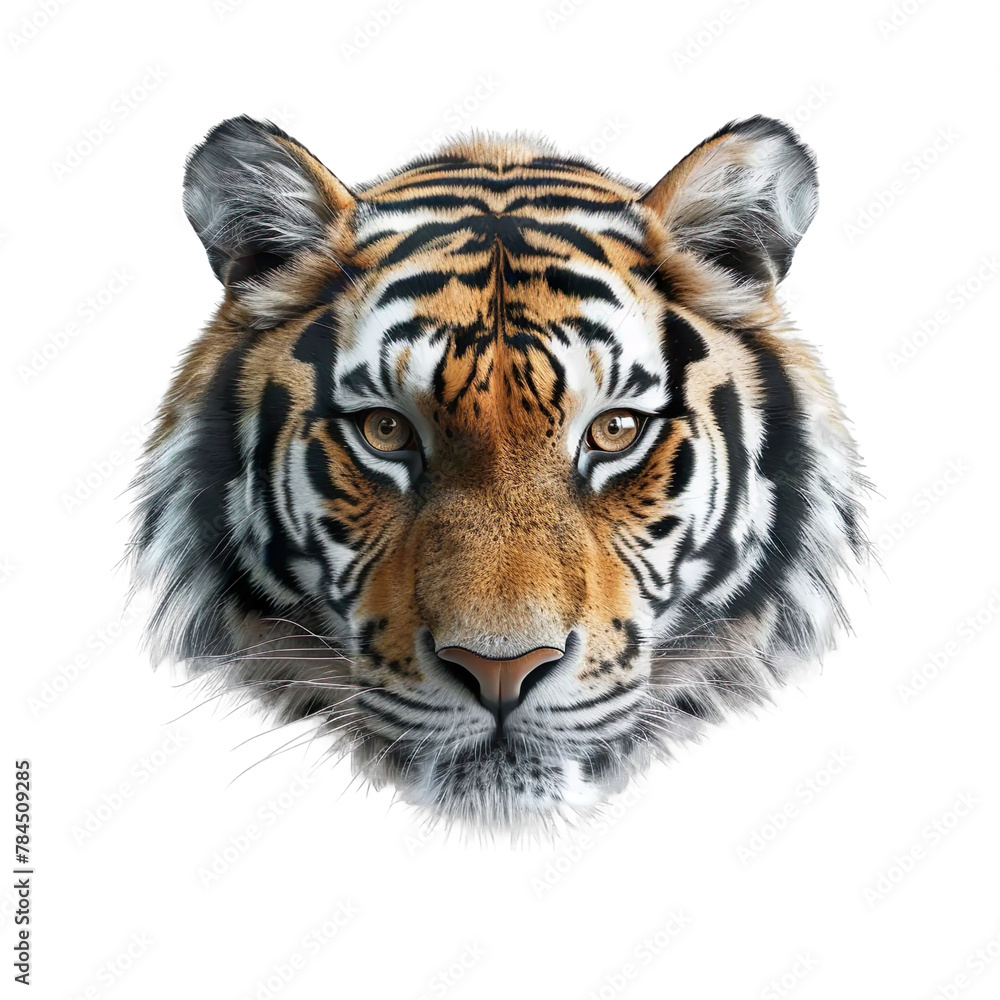 Extreme front view of realistic tiger head which is mounted on a wall isolated on a white transparent background Extreme front view of realistic tiger head which is mounted on a wall isolated on a white transparent background