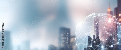 Internet network connection, data exchange, digital marketing IoT internet of things. Double exposure, woman using modern computer surfing the internet and smart city, innovative technology background