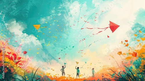 banner background National Bengali New Year (Poila Baisakh) Day theme, and wide copy space, A playful scene of children flying kites in a vibrant Poila Baisakh sky photo