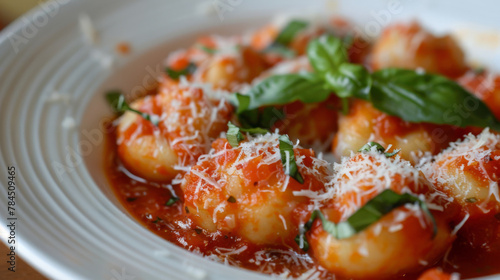 Close-up of traditional argentine gnocchi with tomato sauce, basil, and parmesan cheese