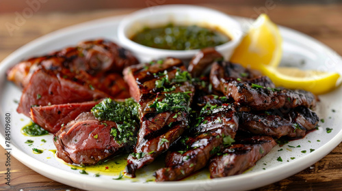 Delicious traditional argentine chorizo sausages on a plate, served with chimichurri sauce and lemon