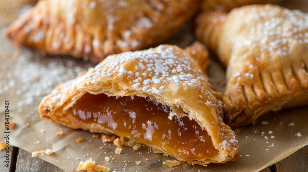 Close-up of delicious handmade empanadas with sweet filling, dusted with sugar Close-up of delicious handmade empanadas with sweet filling, dusted with sugar