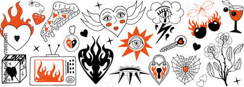 Y2k goth aesthetic stickers, tattoo art elements. black and red grange punk rock set. Vector illustration © Lucia Fox