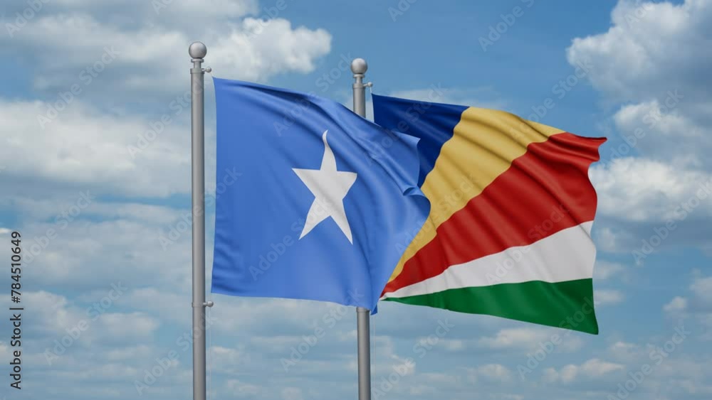 Seychelles and Somalia two flags waving together, looped video, two country cooperation concept Seychelles and Somalia two flags waving together, looped video, two country cooperation concept