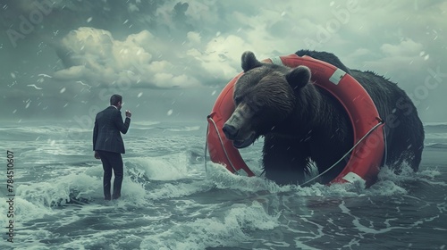 A businessman throws a lifebuoy into a bear trap, a mixed media depiction of crisis management and problem-solving in tough situations.