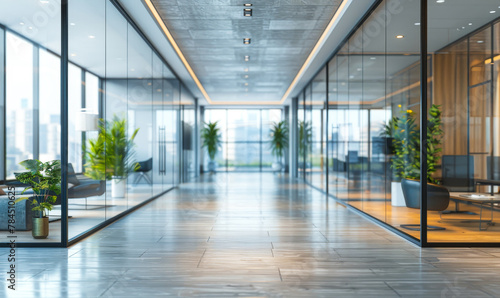 Sleek Modern Office Interior with Panoramic Windows  Glass Partitions  and Reflective Flooring