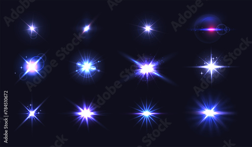 Flare light. Glow sparkle, lens realistic flare ignition effect. Flashing lights, photo camera light. Vector isolated glints, sunlight reflection set. Beautiful shiny starlight collection