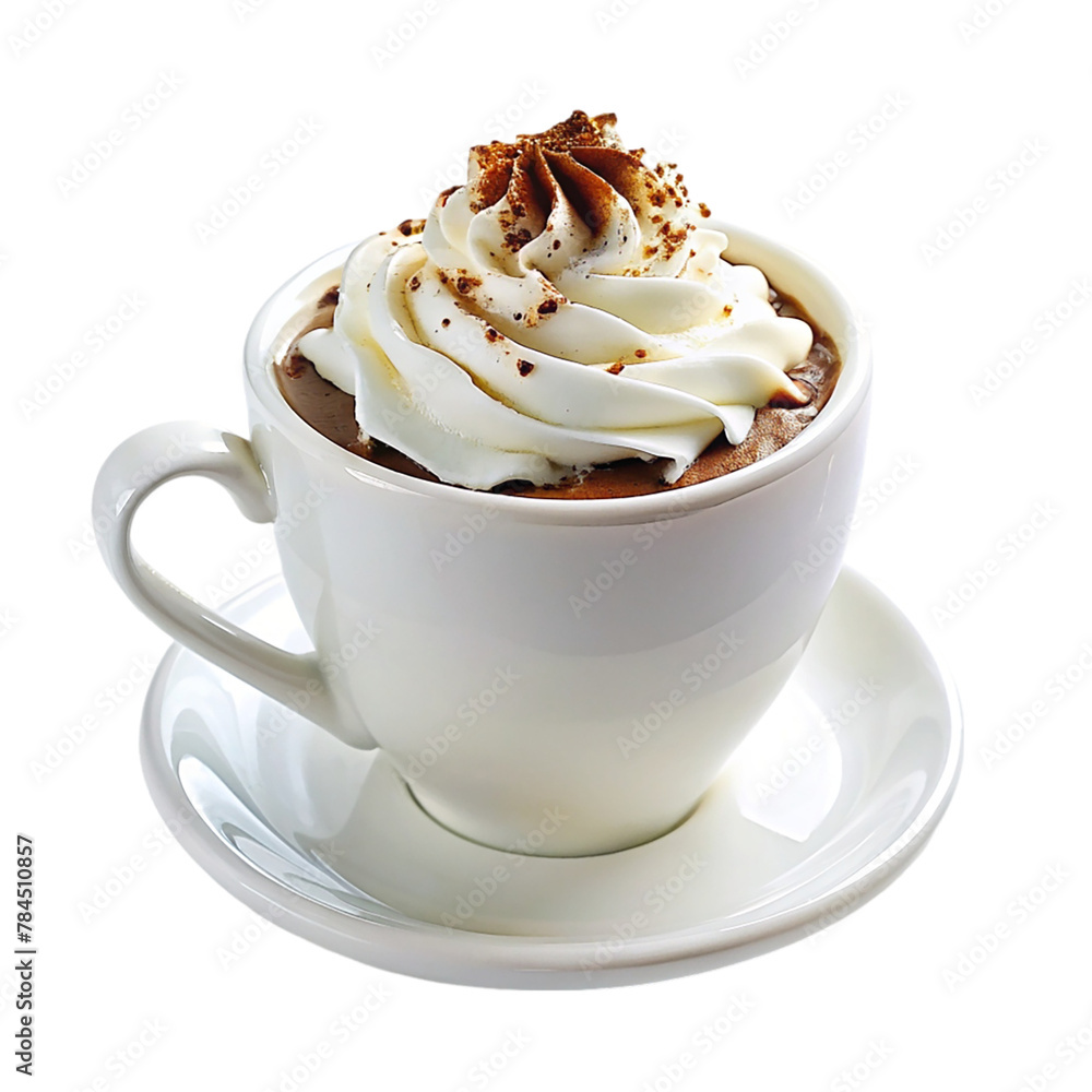 Cup with hot chocolate with cream on transparent background