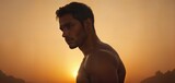 Portrait of a European male athlete, with undressed torso, against a sunset background. Lifestyle. Sport, recreation. 