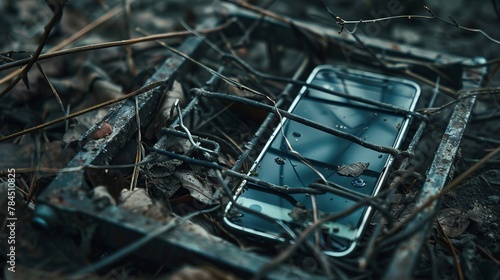 A close-up of a smartphone caught in a metal bear trap, illustrating addiction and the dangers of social media and technology.
