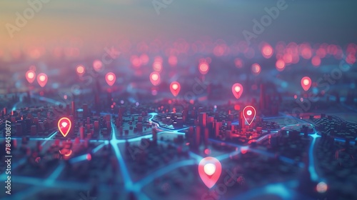 A conceptual 3D rendering presents a city with abstract connected location pins against a dull sky background, a navigation concept with a focus on interconnectedness and location tracking photo