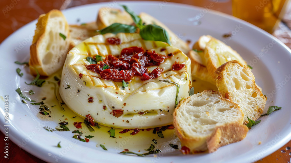Authentic argentinian provoleta cheese grilled and served with spices, herbs, and bread Authentic argentinian provoleta cheese grilled and served with spices, herbs, and bread