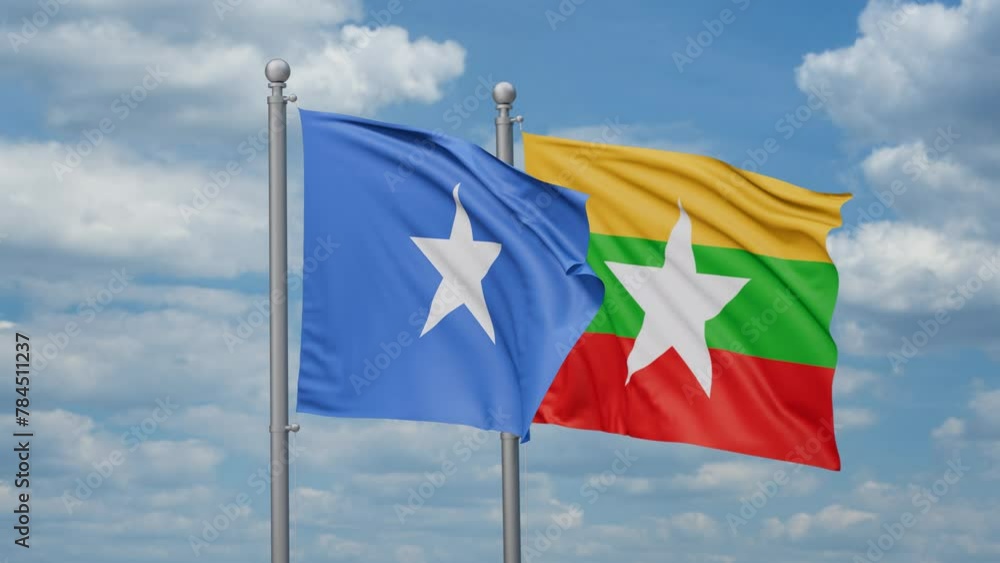Myanmar aka Burma and Somalia two flags waving together, looped video, two country relations concept Myanmar aka Burma and Somalia two flags waving together, looped video, two country relations concept