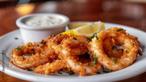 Crispy fried calamari rings served with lemon and creamy sauce on a white plate