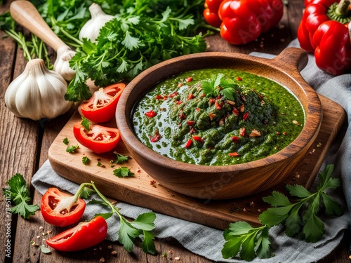 The chimichurri sauce is spread out on a wooden chopping board