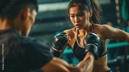 Asian woman training in kickboxing with a coach