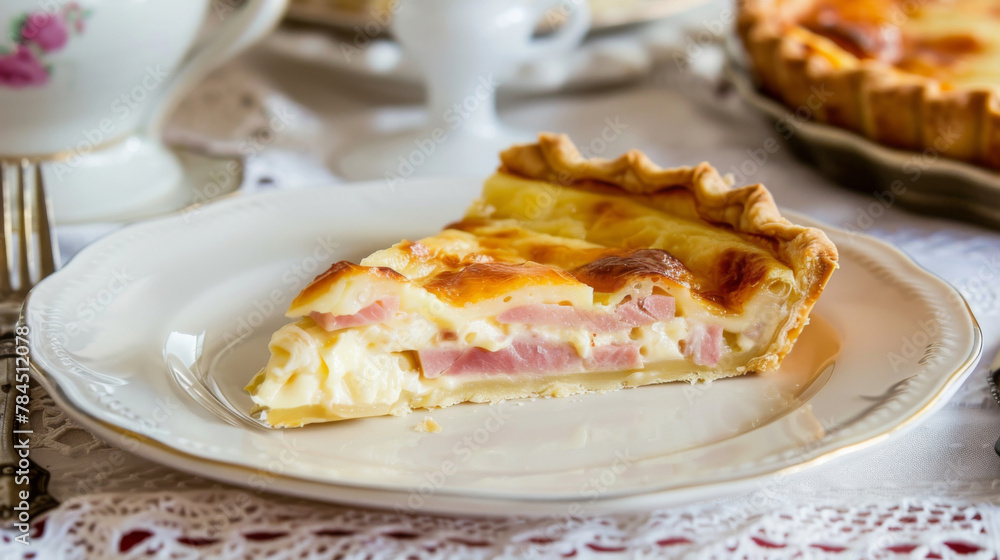 Slice of delicious ham and cheese quiche, an argentine cuisine, served on a white plate