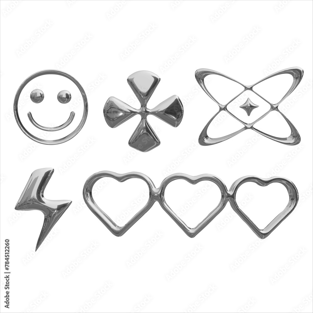 realistic 3D metal shapes in y2k style on transparent background