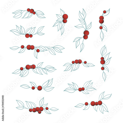 Set of abstract illustrations with red berries and branches. Templates with decorative floral ornaments isolated.
