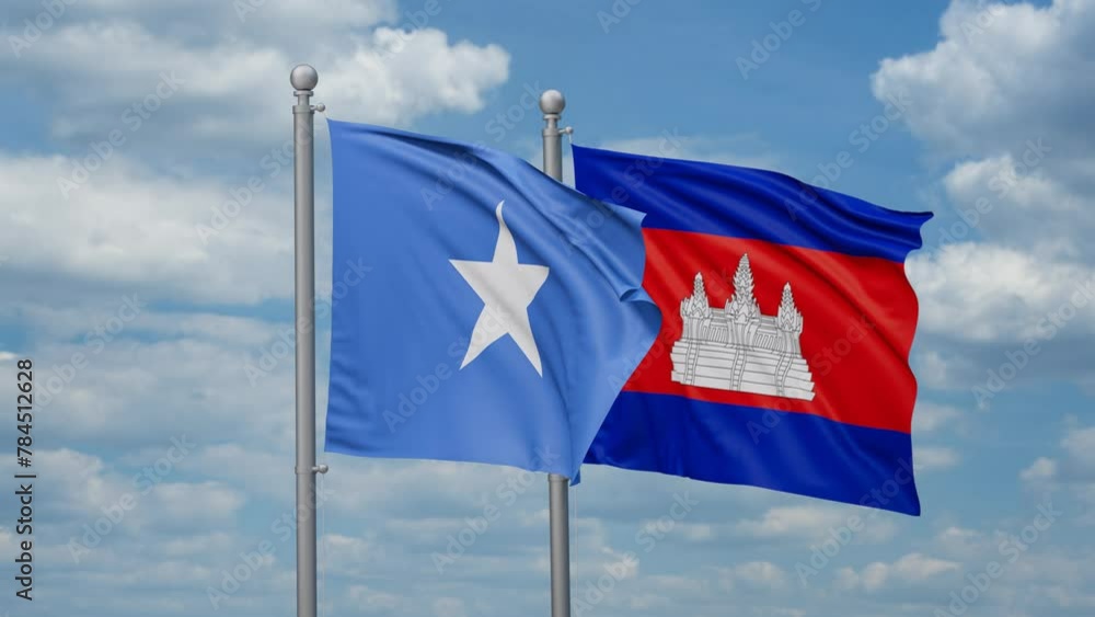 Cambodia and Somalia two flags waving together, looped video, two country relations concept Cambodia and Somalia two flags waving together, looped video, two country relations concept