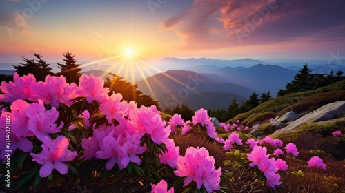 Magic pink rhododendron flowers on summer mountain.