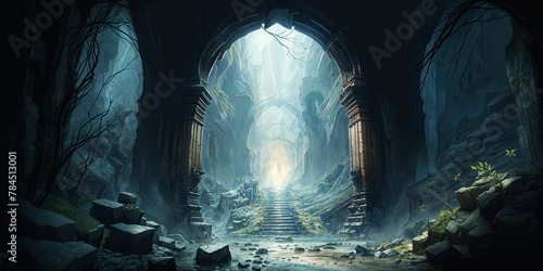 Misty mountain cave chamber with mysterious underground entrance, large pillars and archway gate 
carved stone ruins, perilous labyrinth of tunnels, dimly lit ancient role playing fantasy underworld. photo
