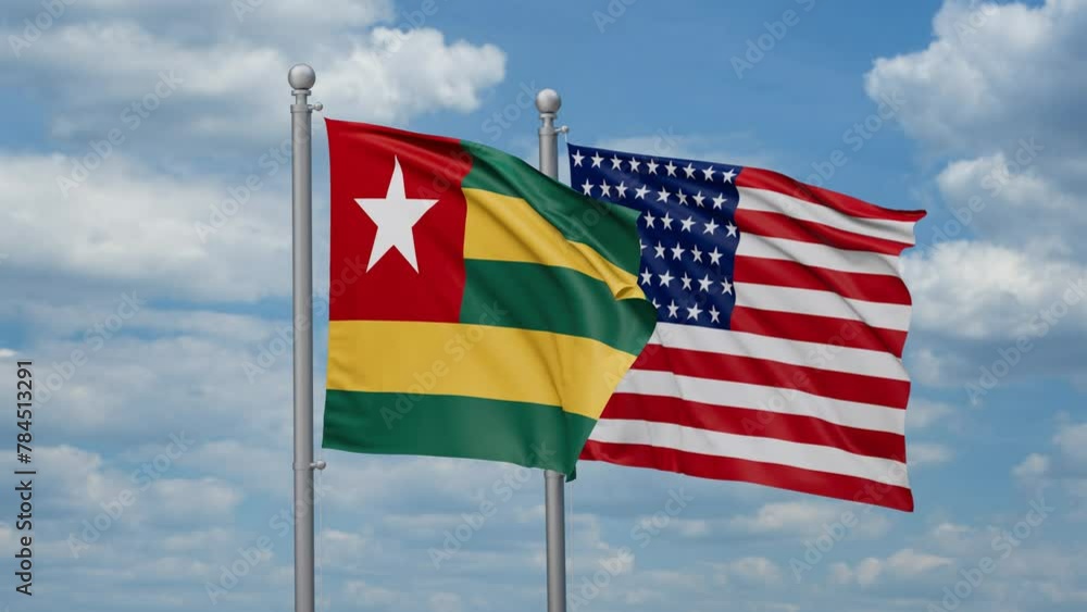 USA and Togo two flags waving together, looped video, two country cooperation concept USA and Togo two flags waving together, looped video, two country cooperation concept