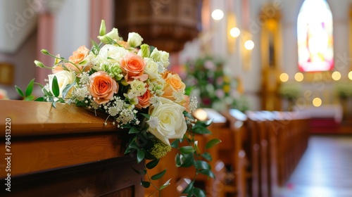 Bouquet of flower on the top of coffin in church