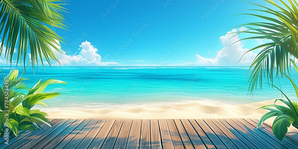Wooden Table Top with a Tropical Beach Background, Palm Leaves and Blue Sea, Creating an Exotic Summer Concept. Background for Product Display Presentation Mockup, Photo Realistic
