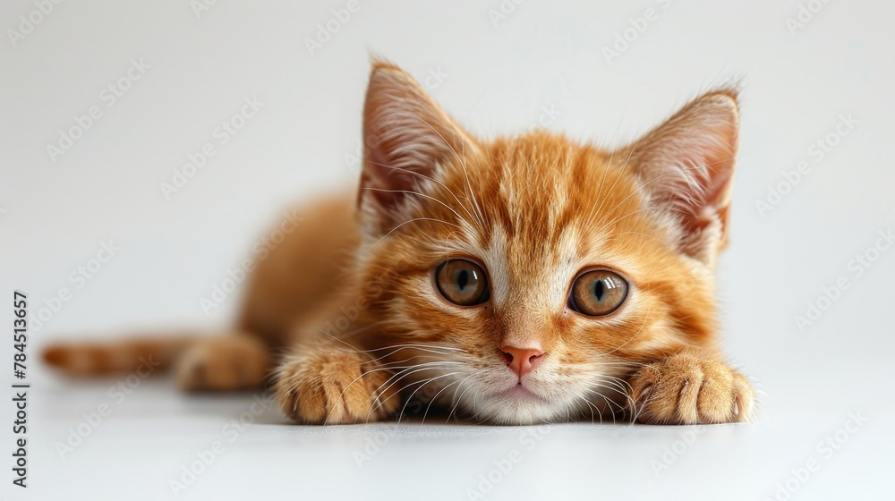 Close-up hyperrealistic red kitten on white background, adorable fluffy pet portrait, banner Close-up hyperrealistic red kitten on white background, adorable fluffy pet portrait, banner