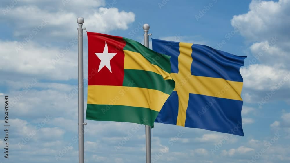 Sweden and Togo two flags waving together, looped video, two country cooperation concept Sweden and Togo two flags waving together, looped video, two country cooperation concept