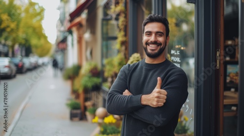 Business owner standing outside of his business with thumbs up, smiling