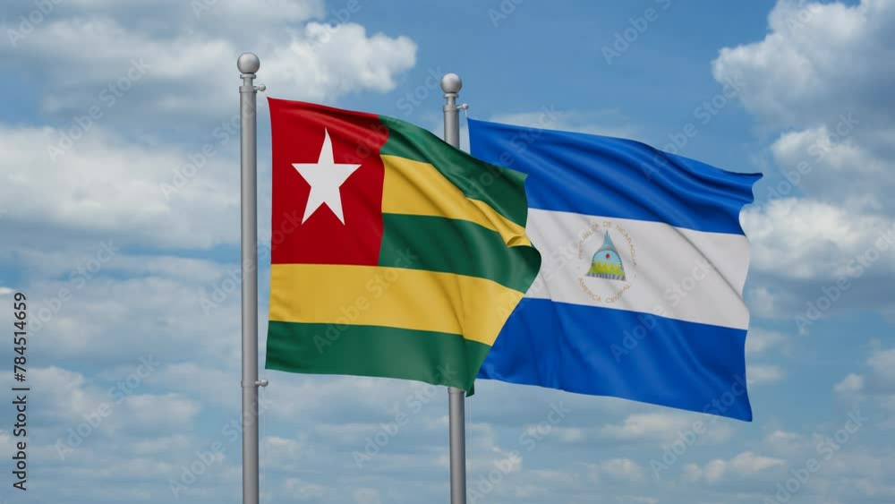 Nicaragua and Togo two flags waving together, looped video, two country relations concept Nicaragua and Togo two flags waving together, looped video, two country relations concept