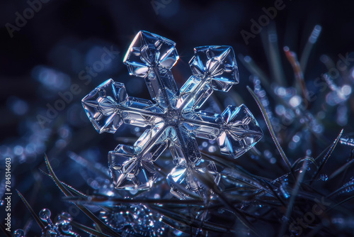 A snowflake is shown in a blurry image with a blue background